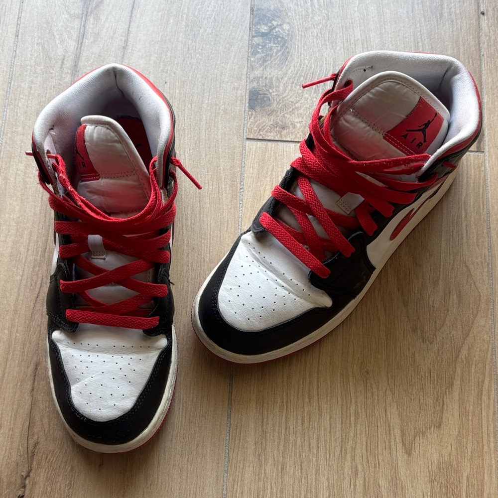 Nike Air Jordan 1 Mid Sneakers in Red, Black & White - Picture 7 of 8